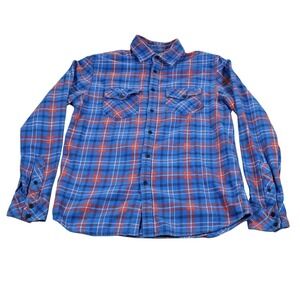 Fox Shirt Mens Medium Blue Orange Plaid Flannel Long Sleeve Western Casual
